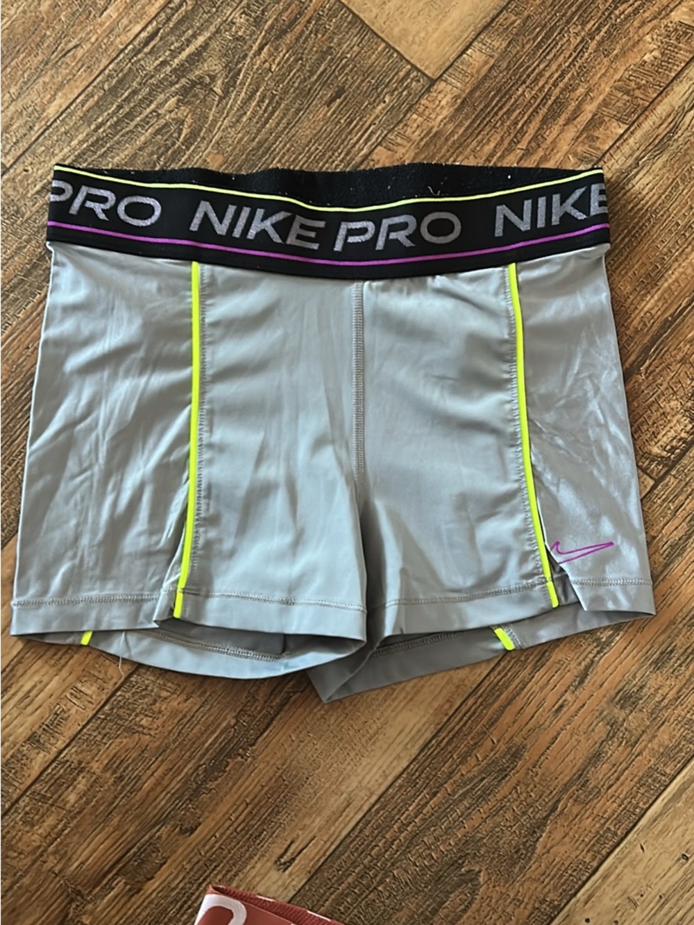 Nike Pro Women's silver Gray Training Shorts with Neon Accents